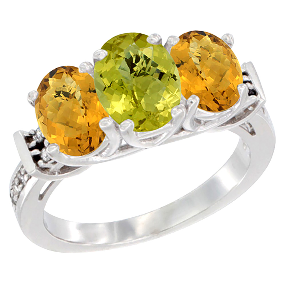 10K White Gold Natural Lemon Quartz & Whisky Quartz Sides Ring 3-Stone Oval Diamond Accent, sizes 5 - 10