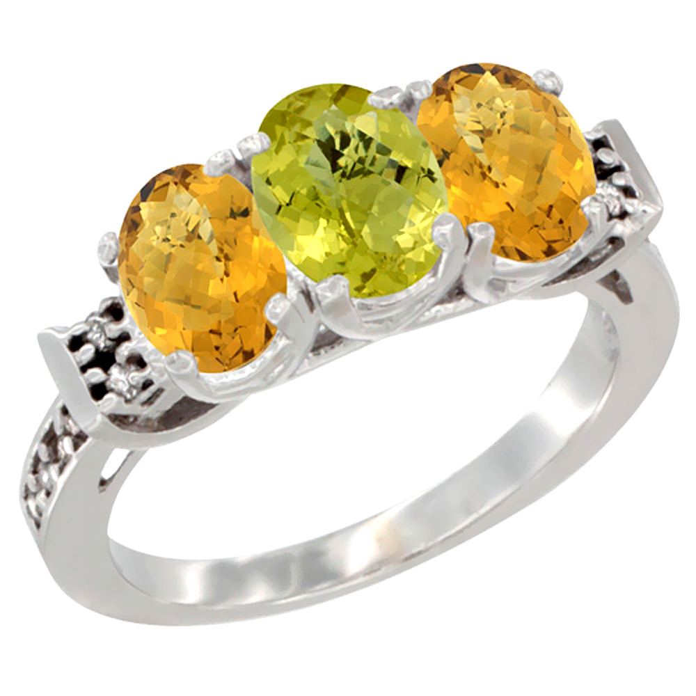 14K White Gold Natural Lemon Quartz & Whisky Quartz Ring 3-Stone 7x5 mm Oval Diamond Accent, sizes 5 - 10