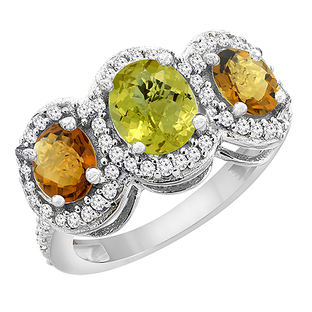 10K White Gold Natural Lemon Quartz & Whisky Quartz 3-Stone Ring Oval Diamond Accent, sizes 5 - 10