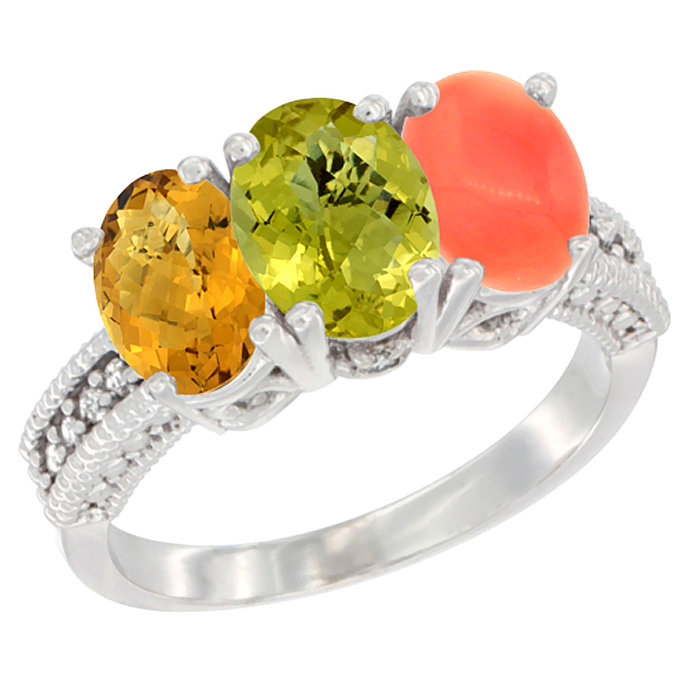 10K White Gold Diamond Natural Whisky Quartz, Lemon Quartz & Coral Ring 3-Stone 7x5 mm Oval, sizes 5 - 10