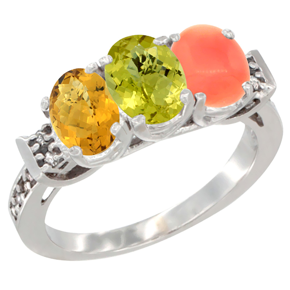 10K White Gold Natural Whisky Quartz, Lemon Quartz &amp; Coral Ring 3-Stone Oval 7x5 mm Diamond Accent, sizes 5 - 10