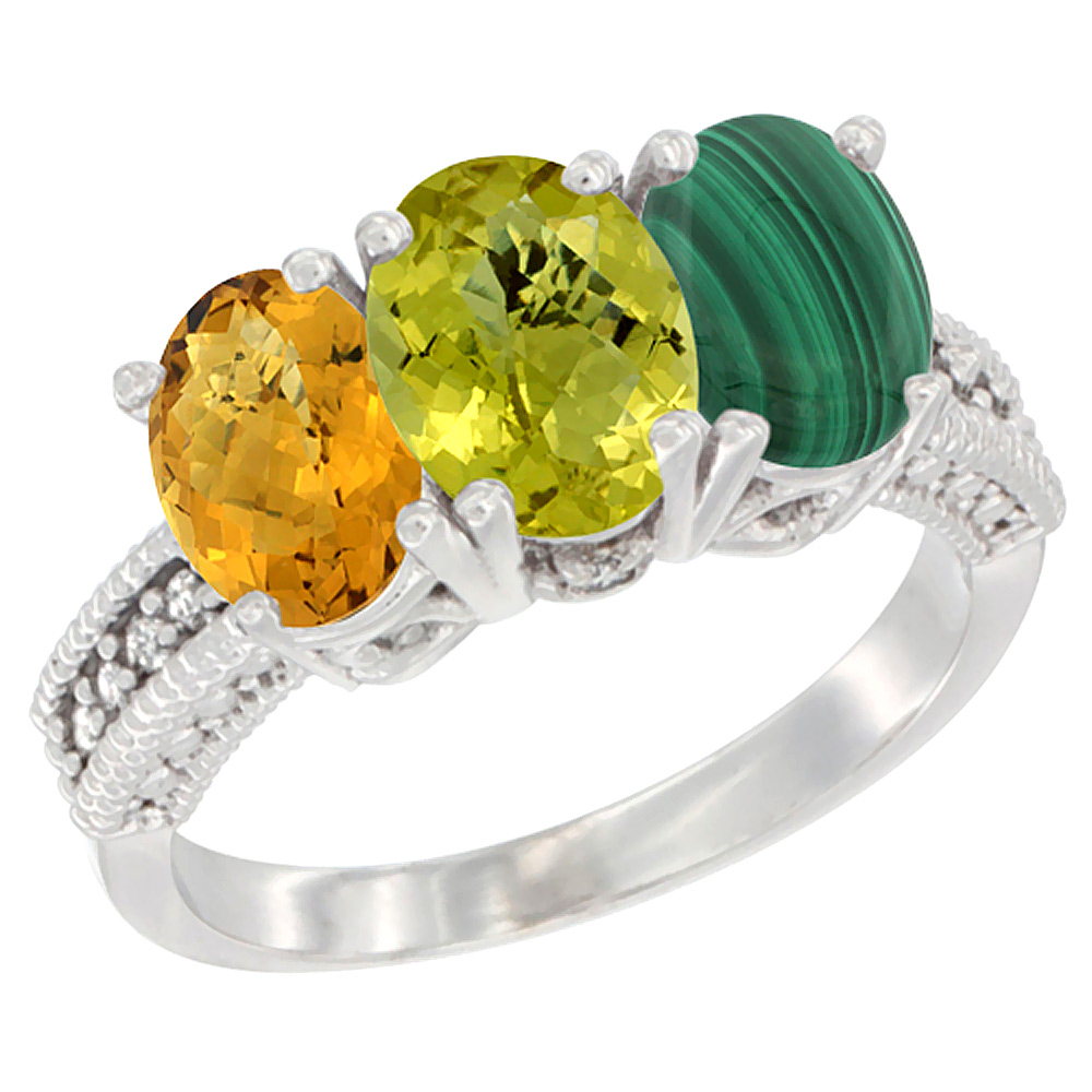 10K White Gold Diamond Natural Whisky Quartz, Lemon Quartz & Malachite Ring 3-Stone 7x5 mm Oval, sizes 5 - 10