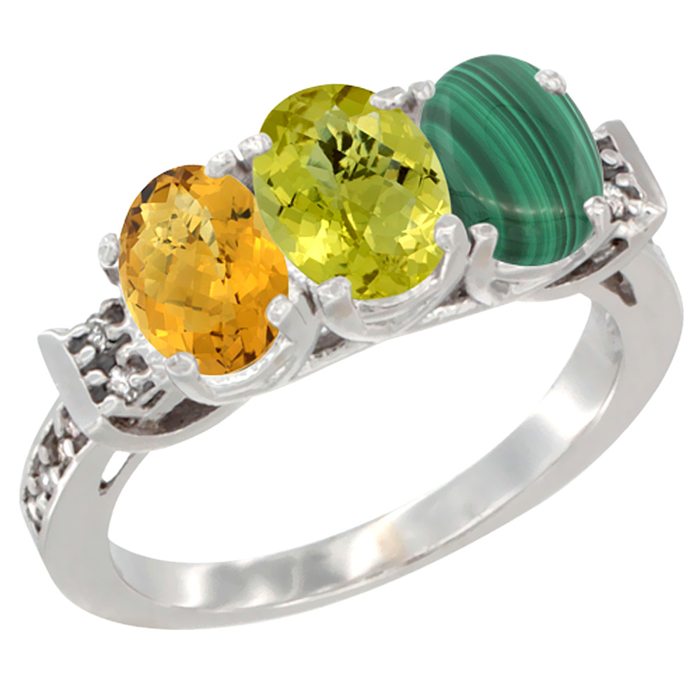 14K White Gold Natural Whisky Quartz, Lemon Quartz & Malachite Ring 3-Stone 7x5 mm Oval Diamond Accent, sizes 5 - 10