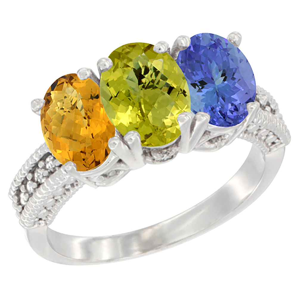 10K White Gold Diamond Natural Whisky Quartz, Lemon Quartz & Tanzanite Ring 3-Stone 7x5 mm Oval, sizes 5 - 10