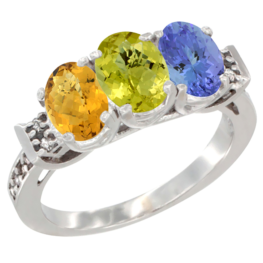 14K White Gold Natural Whisky Quartz, Lemon Quartz & Tanzanite Ring 3-Stone 7x5 mm Oval Diamond Accent, sizes 5 - 10