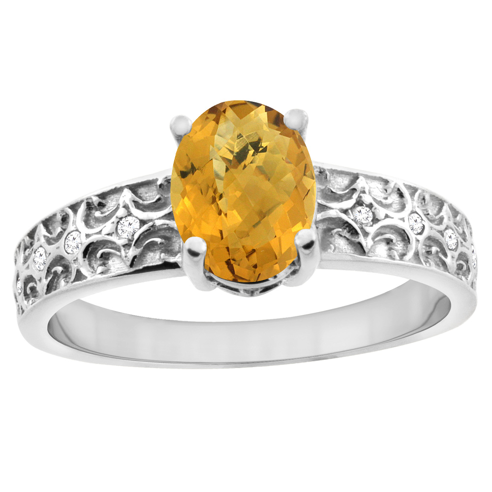 14K White Gold Natural Whisky Quartz Ring Oval 8x6 mm Diamond Accents, sizes 5 - 10