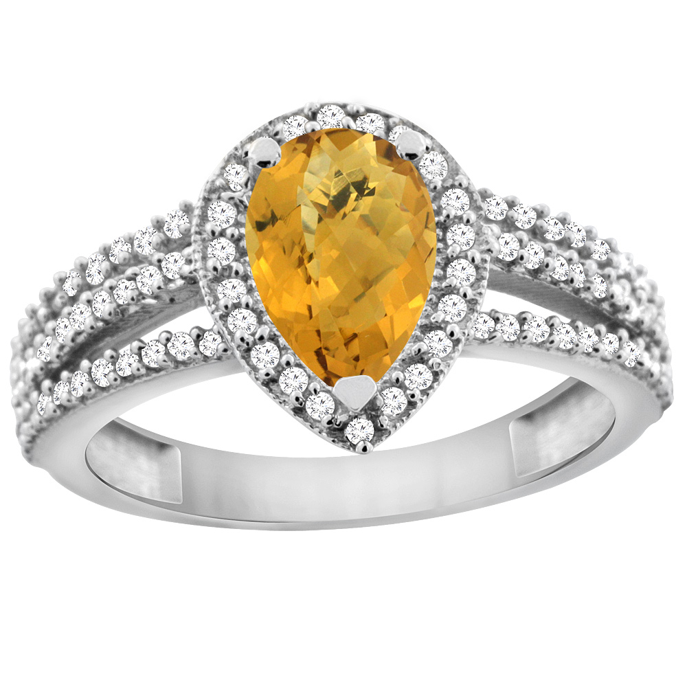 14K White Gold Natural Whisky Quartz Ring 9x7 Pear Halo Diamond, sizes 5 - 10