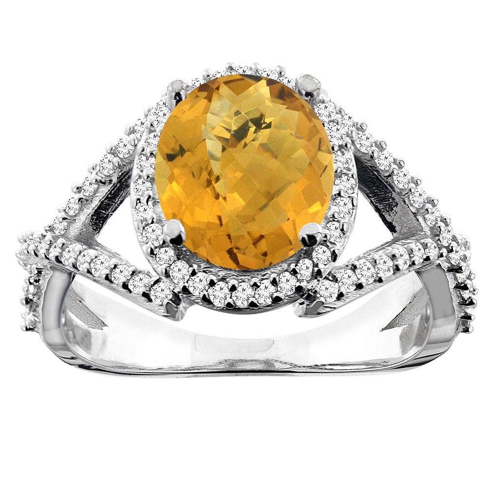 10K White/Yellow/Rose Gold Natural Whisky Quartz Ring Oval 9x7mm Diamond Accent, sizes 5 - 10