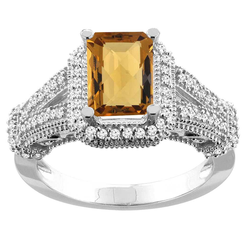 10K White/Yellow/Rose Gold Natural Whisky Quartz Ring Octagon 8x6mm Diamond Accent, sizes 5-10