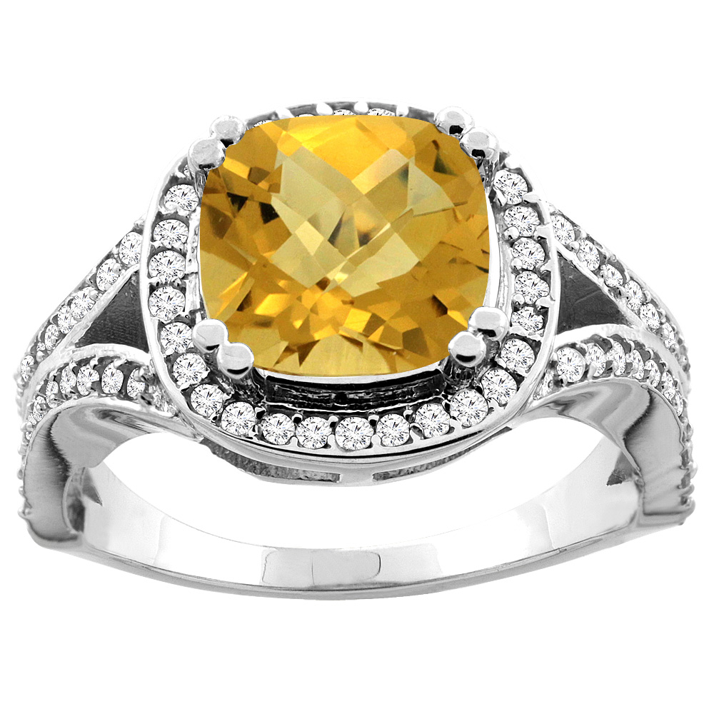 10K White/Yellow Gold Natural Whisky Quartz Split Ring Cushion 8x8mm Diamond Accent, sizes 5 - 10