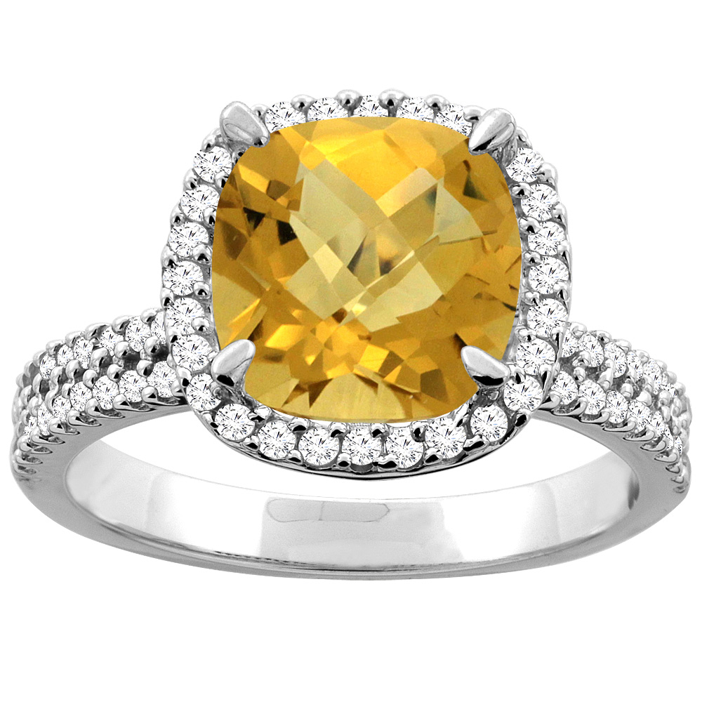 10K White/Yellow Gold Natural Whisky Quartz Halo Ring Cushion 9x9mm Diamond Accent, sizes 5 - 10