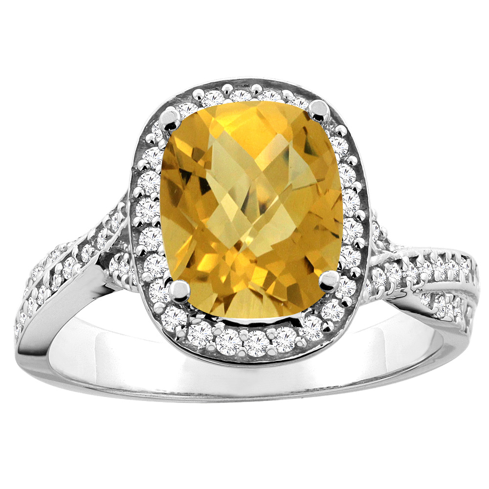 10K White/Yellow Gold Natural Whisky Quartz Halo Ring Cushion 9x7mm Diamond Accent, sizes 5 - 10