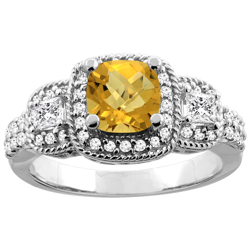 14K White/Yellow Gold Natural Whisky Quartz Ring Cushion-cut 6x6 mm Diamond Accent, sizes 5 - 10