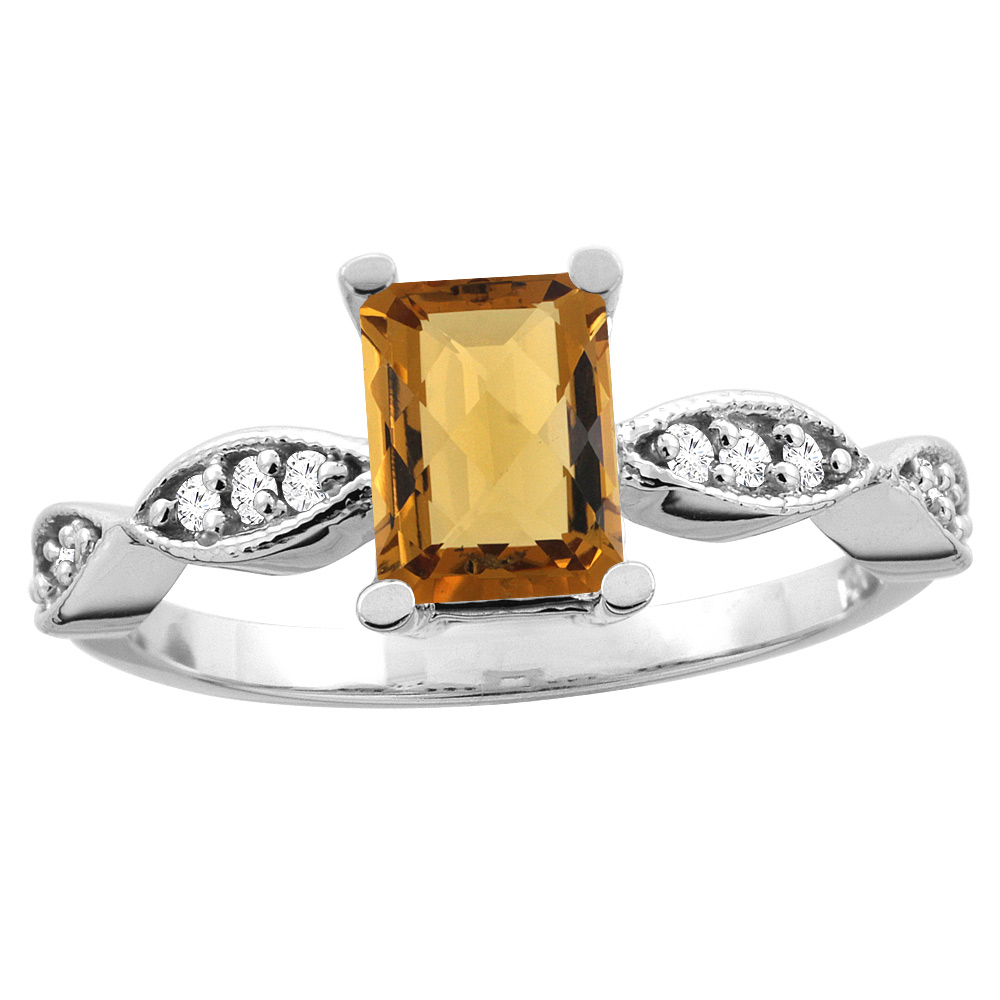 14K White/Yellow Gold Natural Whisky Quartz Ring Octagon 8x6mm Diamond Accent, sizes 5 - 10