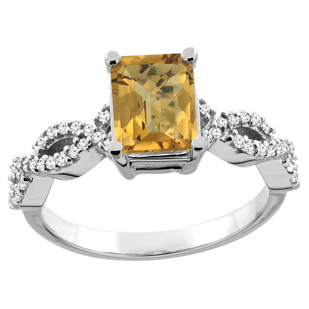 10K White/Yellow Gold/Yellow Gold Natural Whisky Quartz Ring Octagon 8x6mm Diamond Accent, sizes 5 - 10