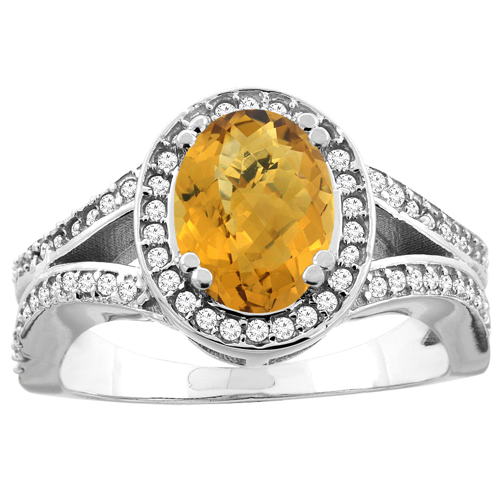 10K White/Yellow Gold Natural Whisky Quartz Split Ring Oval 8x6mm Diamond Accent, sizes 5 - 10