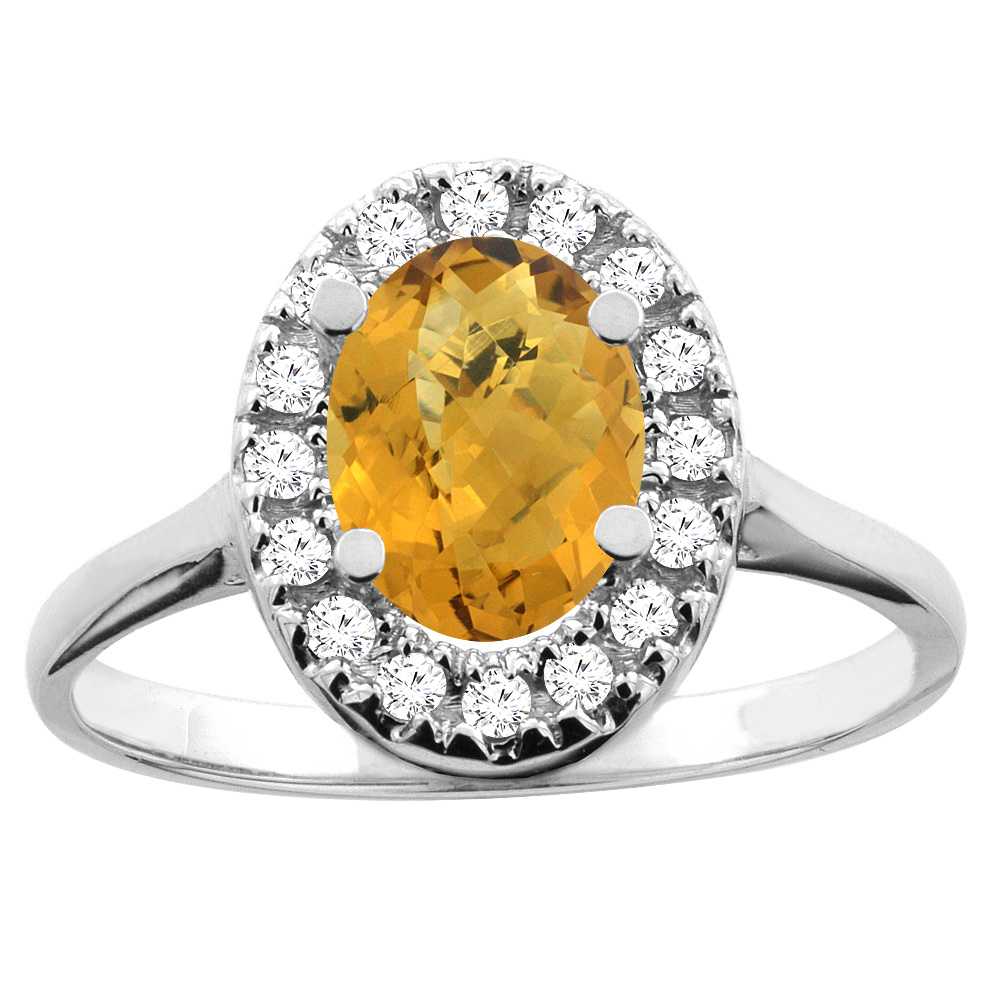 14K White/Yellow Gold Natural Whisky Quartz Ring Oval 8x6mm Diamond Accent, sizes 5 - 10