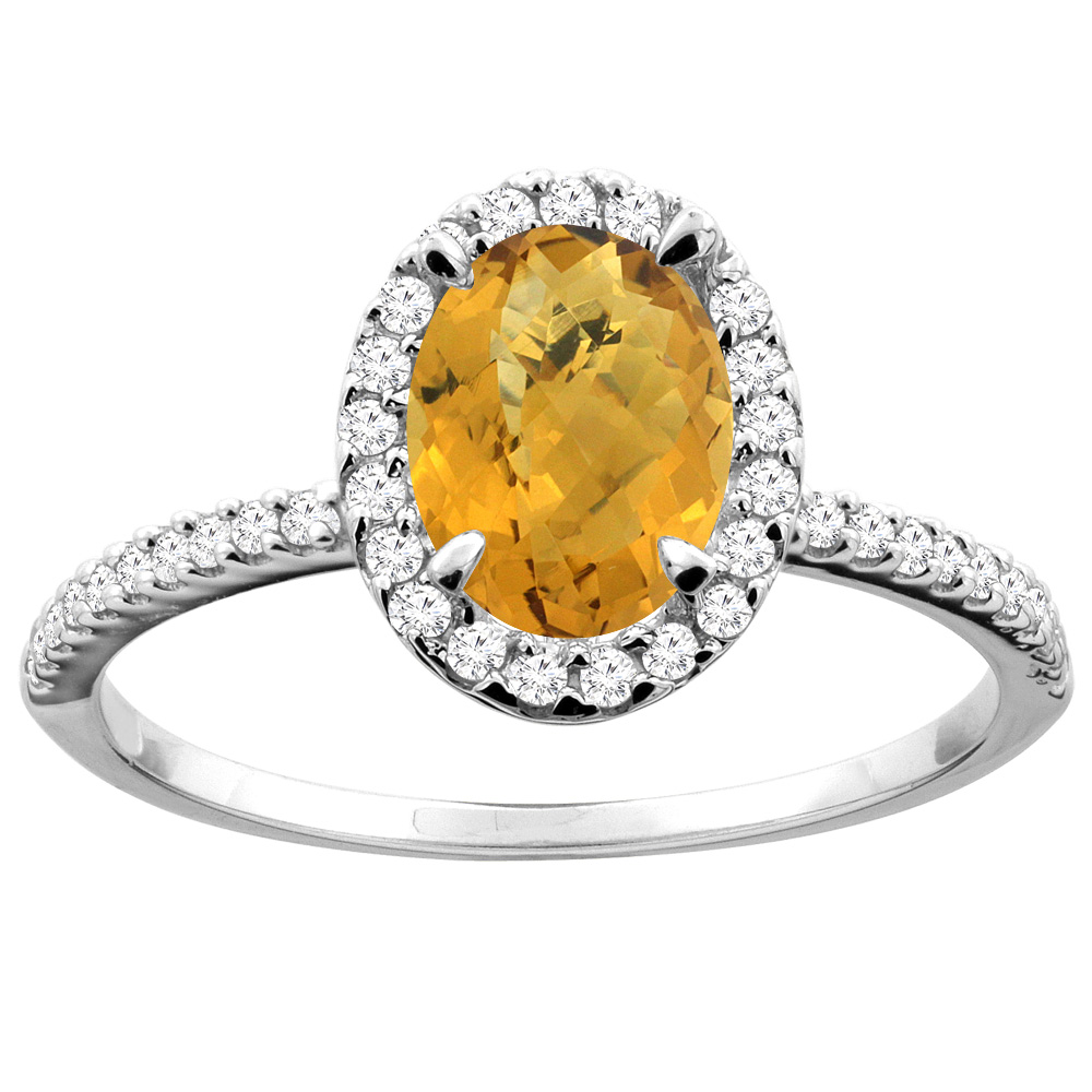 14K White/Yellow Gold Natural Whisky Quartz Ring Oval 8x6mm Diamond Accent, sizes 5 - 10