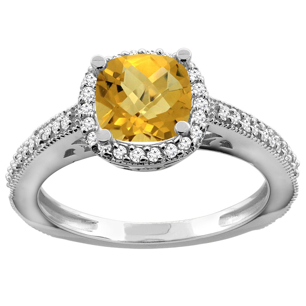 14K Gold Natural Whisky Quartz Engagement Ring Diamond Halo Cushion 7mm, sizes 5 - 10