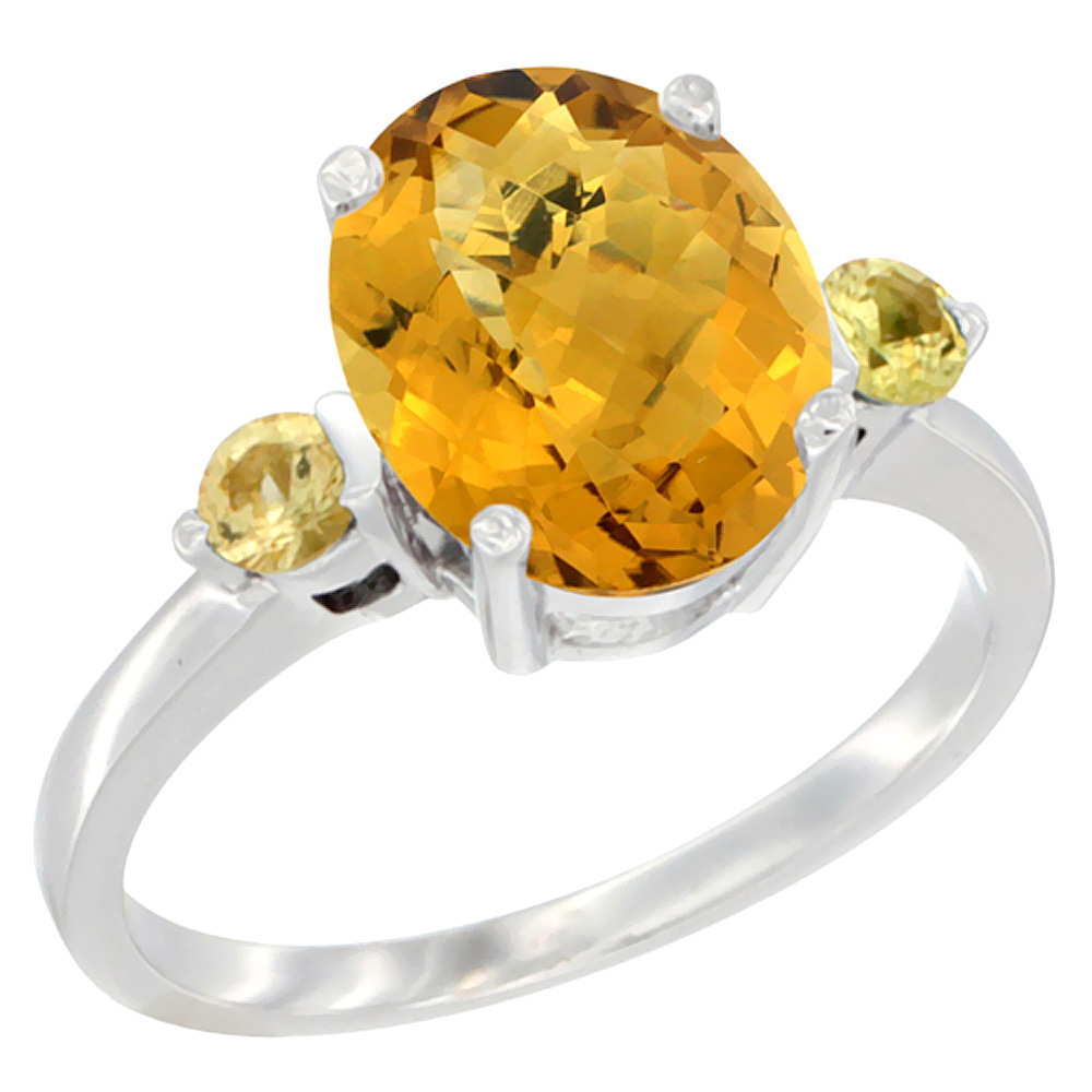 10K White Gold 10x8mm Oval Natural Whisky Quartz Ring for Women Yellow Sapphire Side-stones sizes 5 - 10