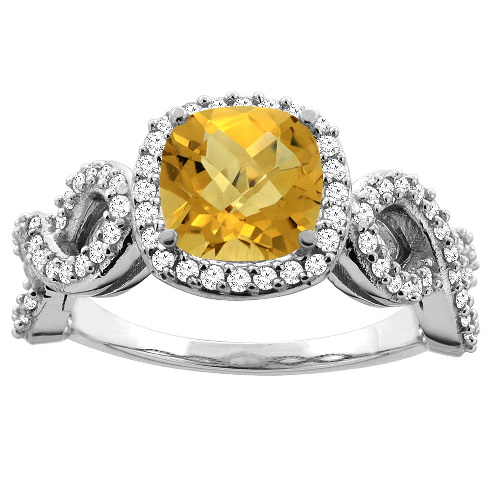 10K Gold Natural Whisky Quartz Engagement Ring Cushion 7mm Eternity Diamond Accents, sizes 5 - 10