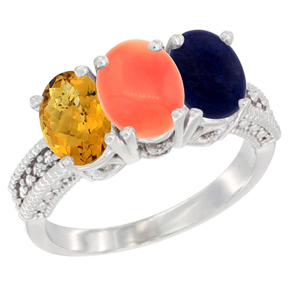 10K White Gold Diamond Natural Whisky Quartz, Coral &amp; Lapis Ring 3-Stone 7x5 mm Oval, sizes 5 - 10