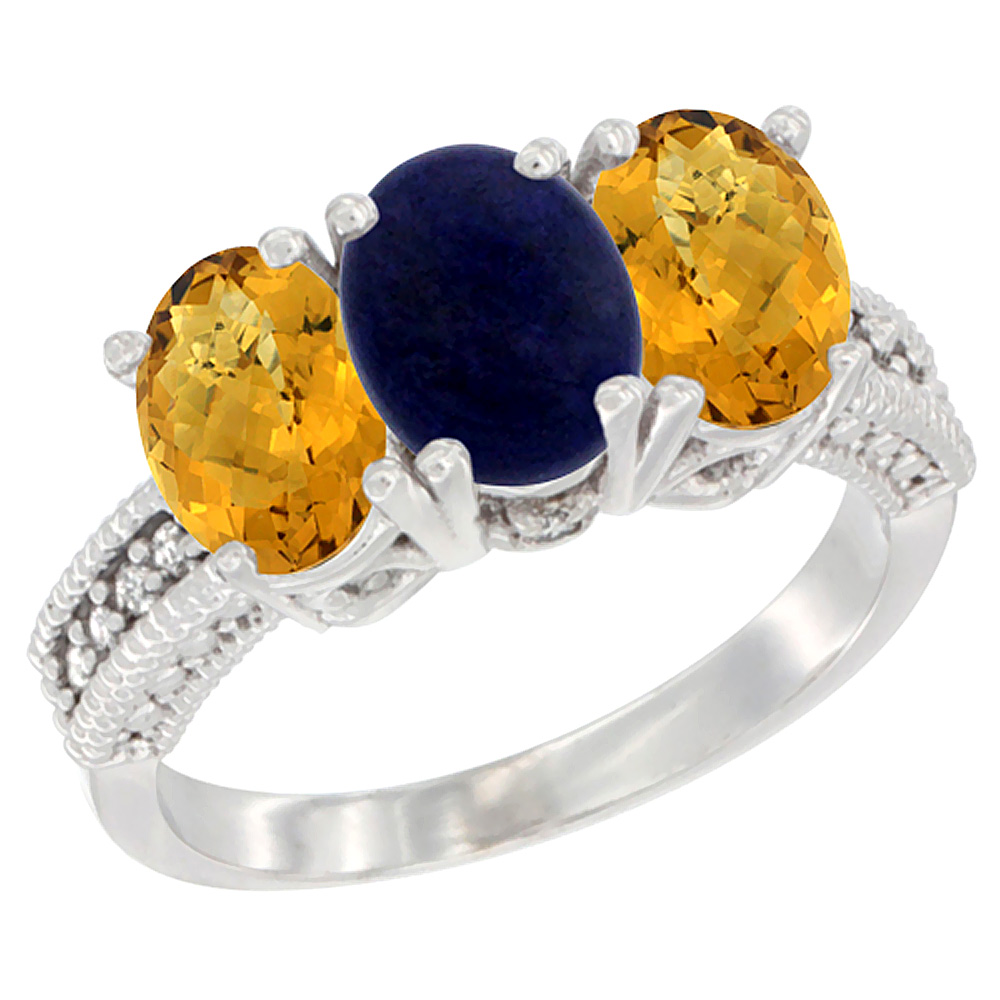 10K White Gold Diamond Natural Lapis & Whisky Quartz Ring 3-Stone 7x5 mm Oval, sizes 5 - 10