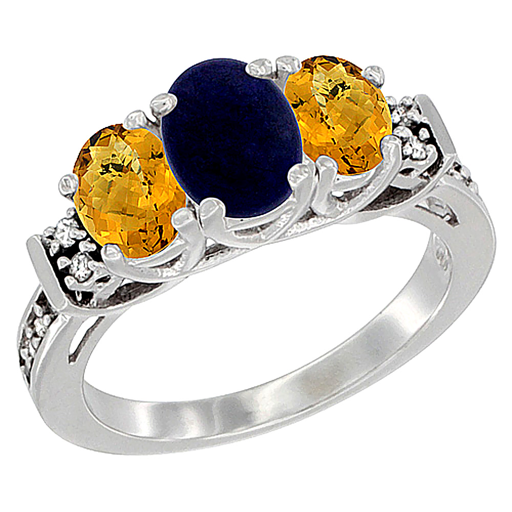 14K White Gold Natural Lapis & Whisky Quartz Ring 3-Stone Oval Diamond Accent, sizes 5-10