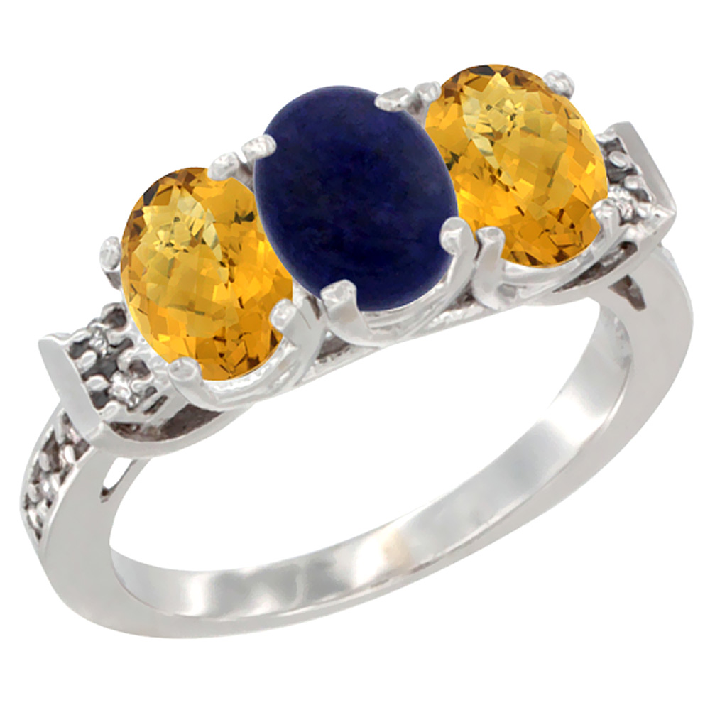 14K White Gold Natural Lapis &amp; Whisky Quartz Ring 3-Stone 7x5 mm Oval Diamond Accent, sizes 5 - 10