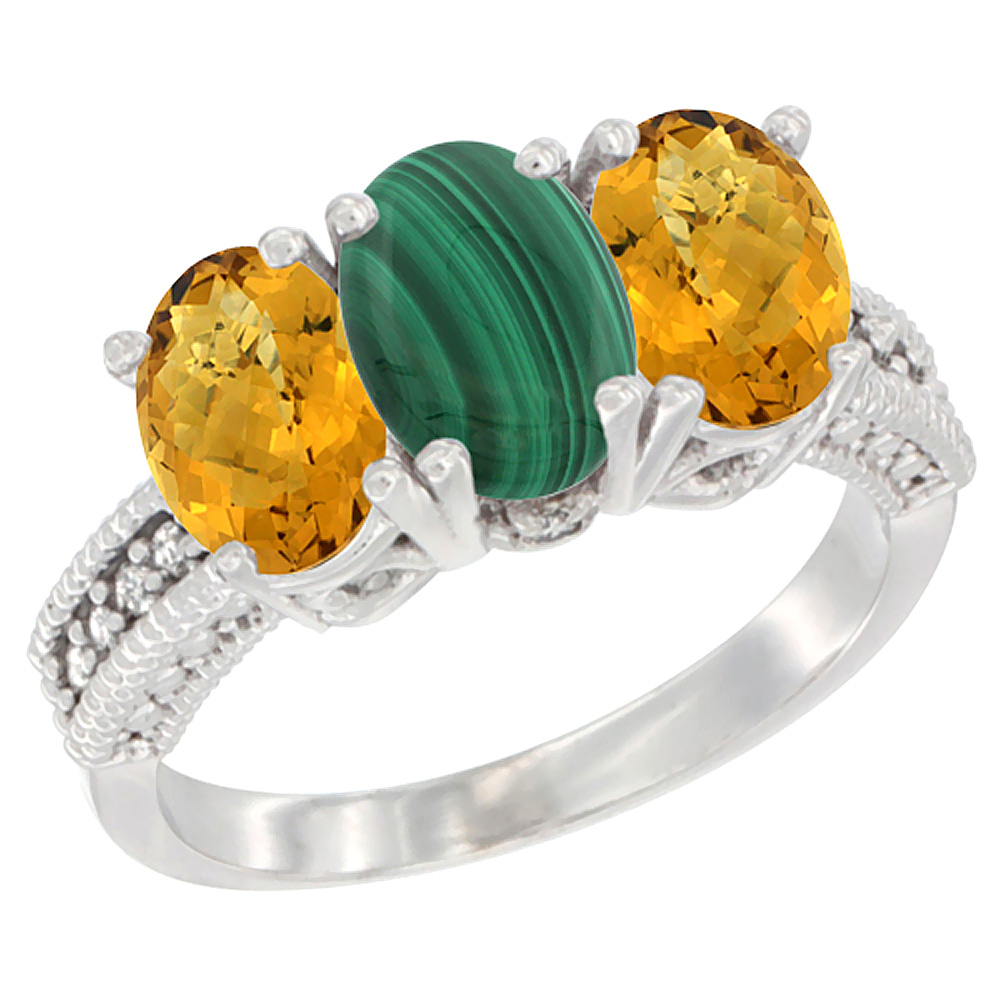 10K White Gold Diamond Natural Malachite &amp; Whisky Quartz Ring 3-Stone 7x5 mm Oval, sizes 5 - 10