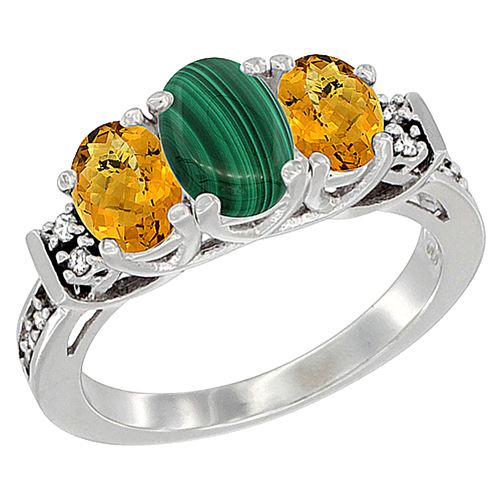 10K White Gold Natural Malachite & Whisky Quartz Ring 3-Stone Oval Diamond Accent, sizes 5-10