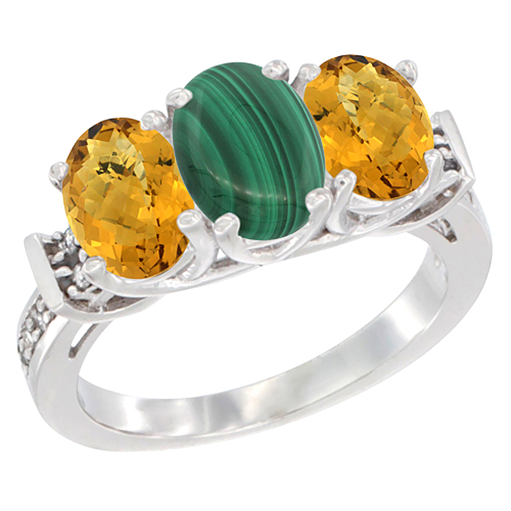 10K White Gold Natural Malachite & Whisky Quartz Sides Ring 3-Stone Oval Diamond Accent, sizes 5 - 10