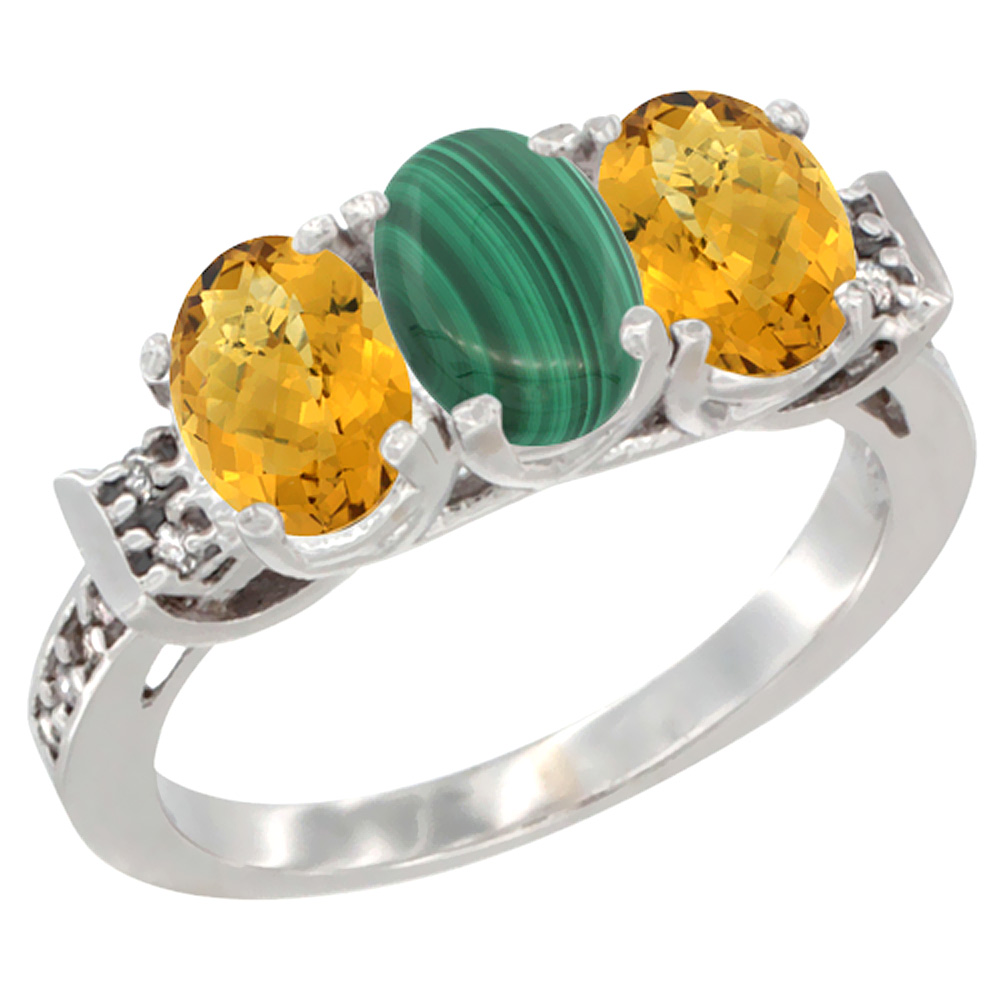 10K White Gold Natural Malachite &amp; Whisky Quartz Sides Ring 3-Stone Oval 7x5 mm Diamond Accent, sizes 5 - 10