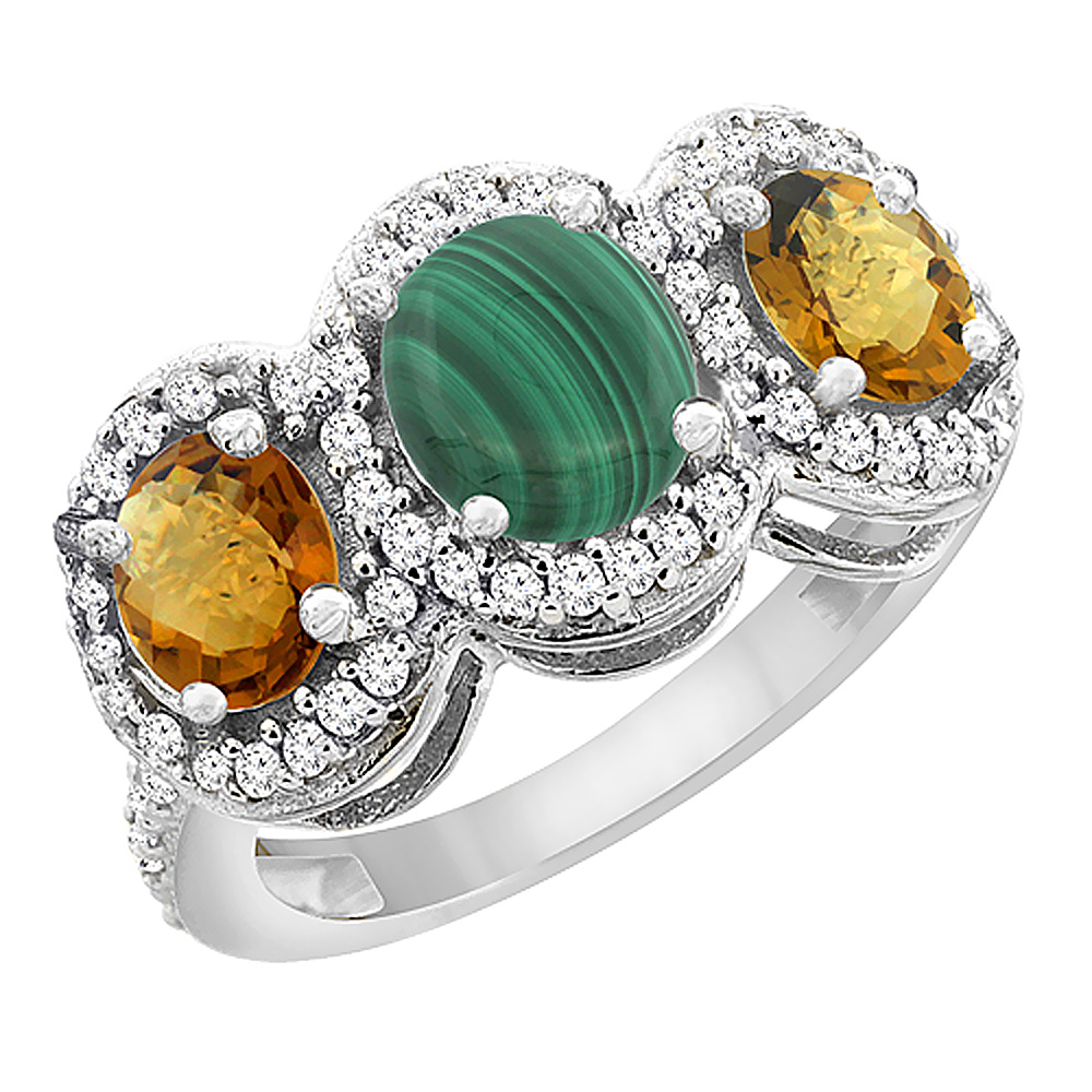 10K White Gold Natural Malachite &amp; Whisky Quartz 3-Stone Ring Oval Diamond Accent, sizes 5 - 10