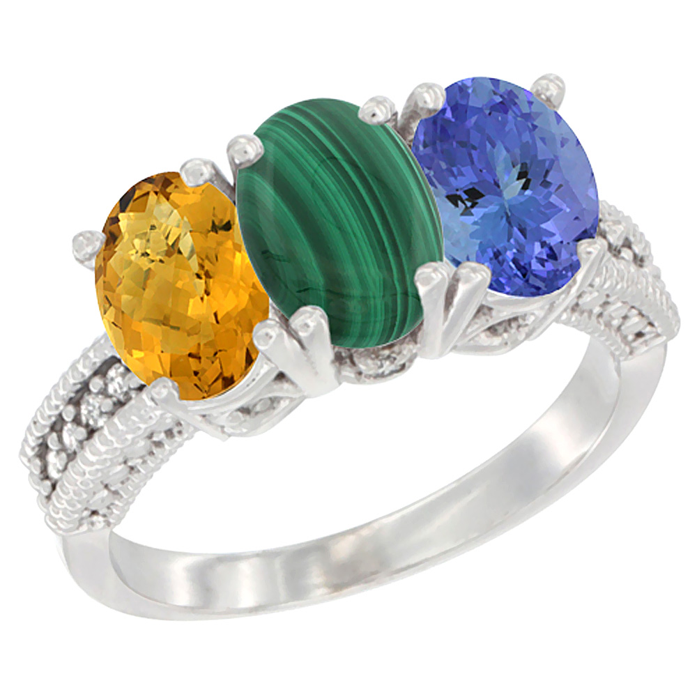 10K White Gold Diamond Natural Whisky Quartz, Malachite &amp; Tanzanite Ring 3-Stone 7x5 mm Oval, sizes 5 - 10