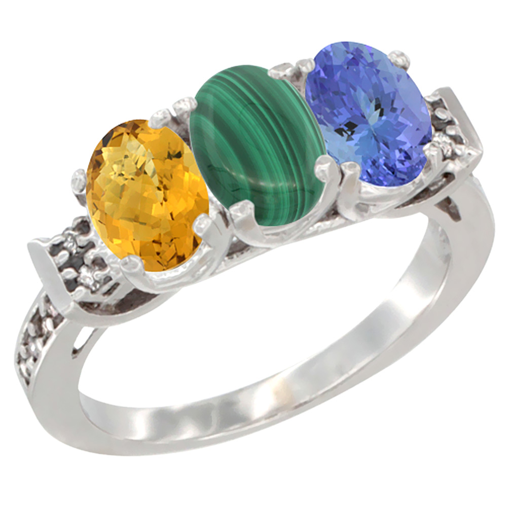 14K White Gold Natural Whisky Quartz, Malachite & Tanzanite Ring 3-Stone 7x5 mm Oval Diamond Accent, sizes 5 - 10