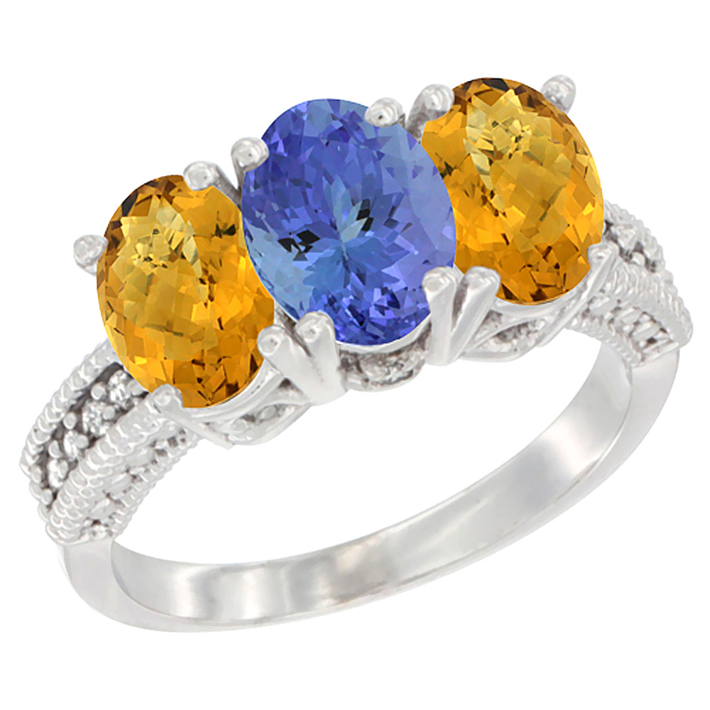 14K White Gold Natural Tanzanite Ring with Whisky Quartz 3-Stone 7x5 mm Oval Diamond Accent, sizes 5 - 10