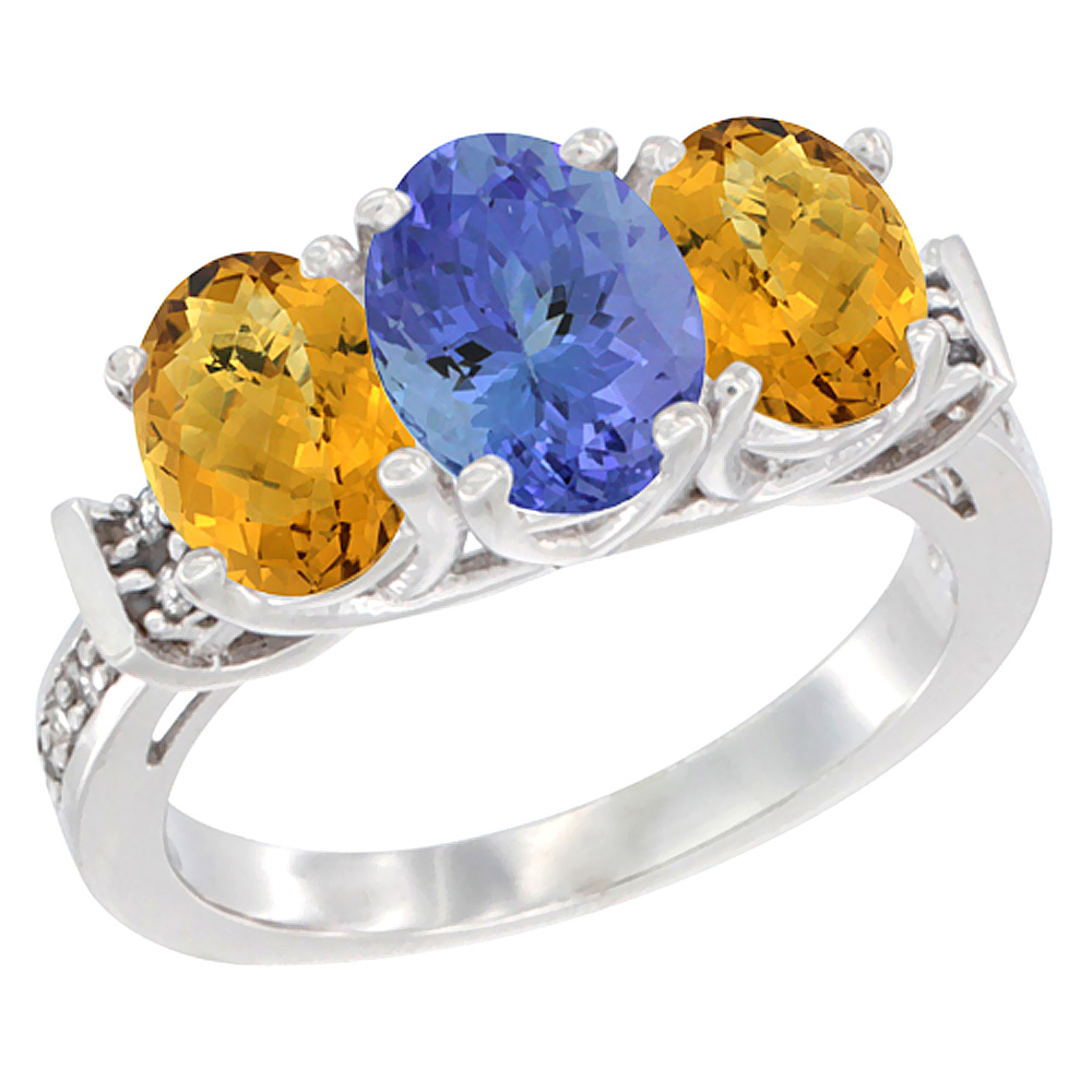 14K White Gold Natural Tanzanite & Whisky Quartz Sides Ring 3-Stone Oval Diamond Accent, sizes 5 - 10