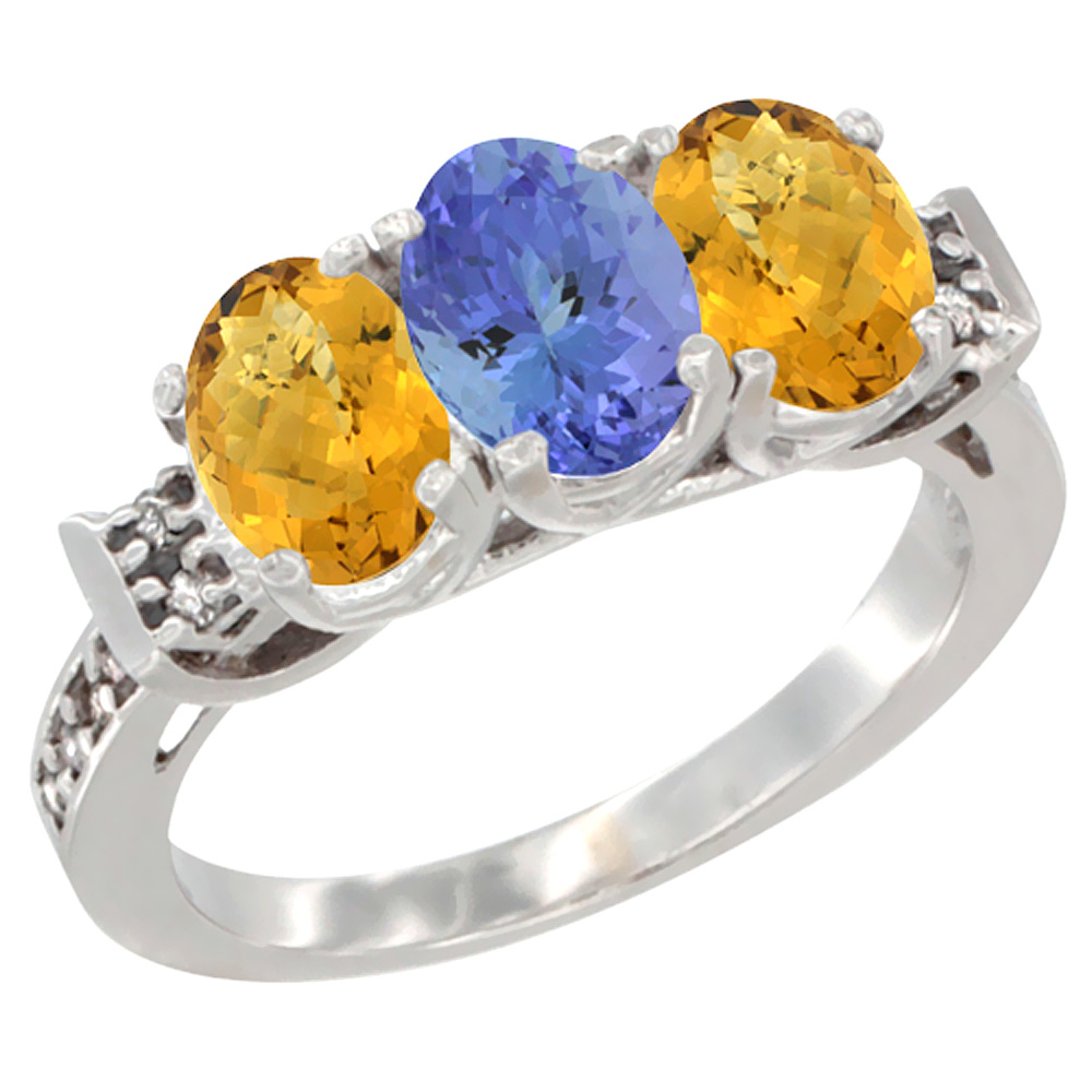 14K White Gold Natural Tanzanite &amp; Whisky Quartz Ring 3-Stone 7x5 mm Oval Diamond Accent, sizes 5 - 10