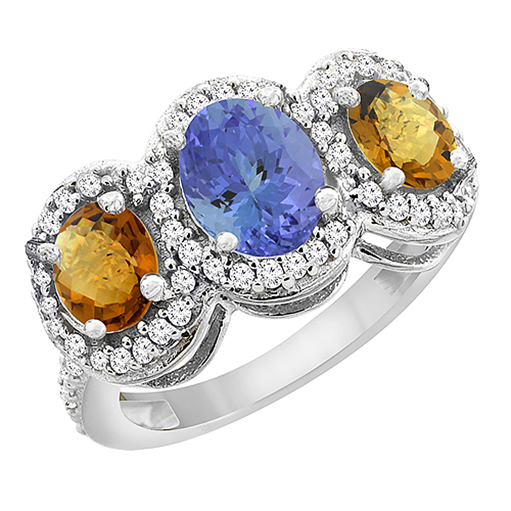 14K White Gold Natural Tanzanite & Whisky Quartz 3-Stone Ring Oval Diamond Accent, sizes 5 - 10