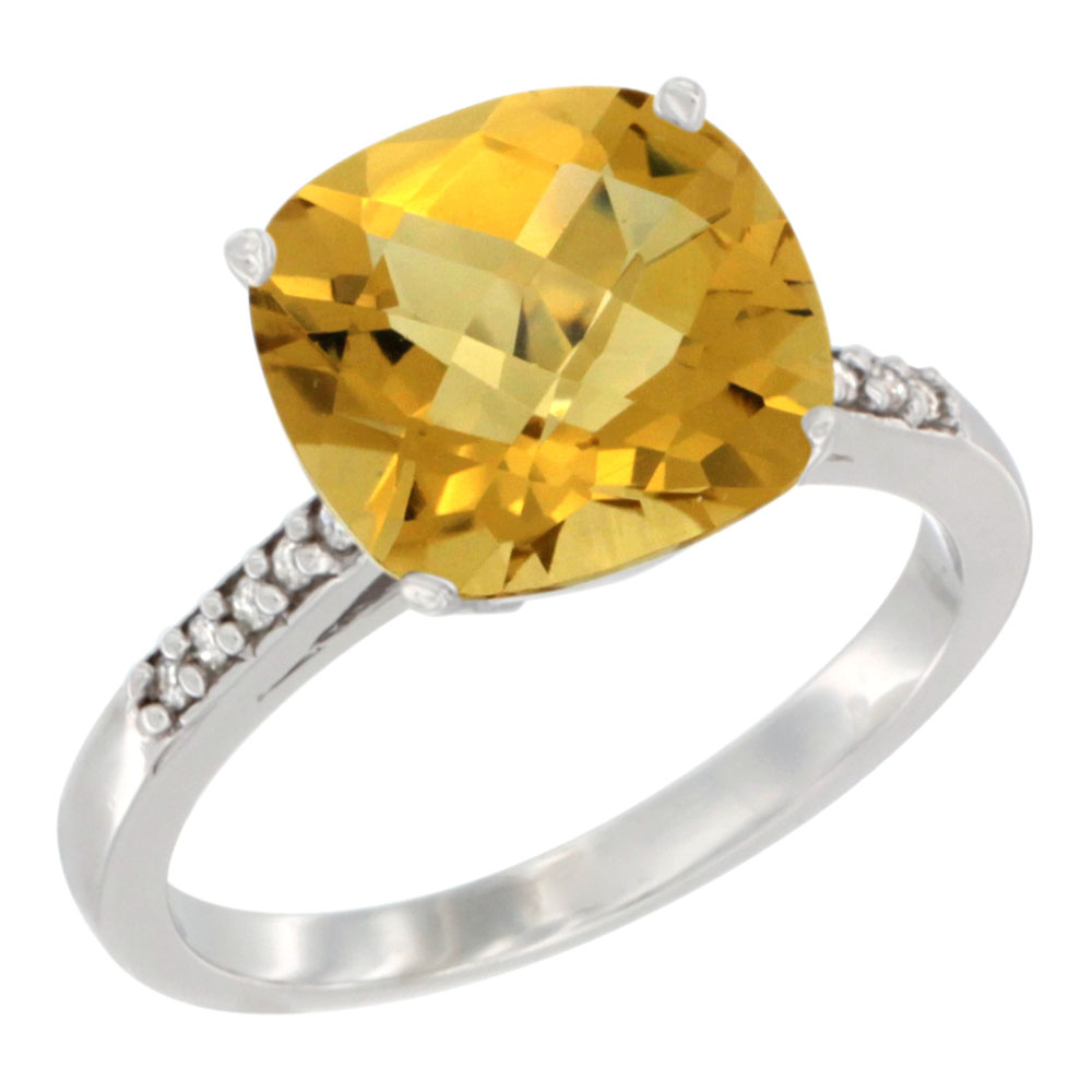 10K Yellow Gold Natural Whisky Quartz Ring Cushion-cut 9 mm Diamond accent, sizes 5 - 10