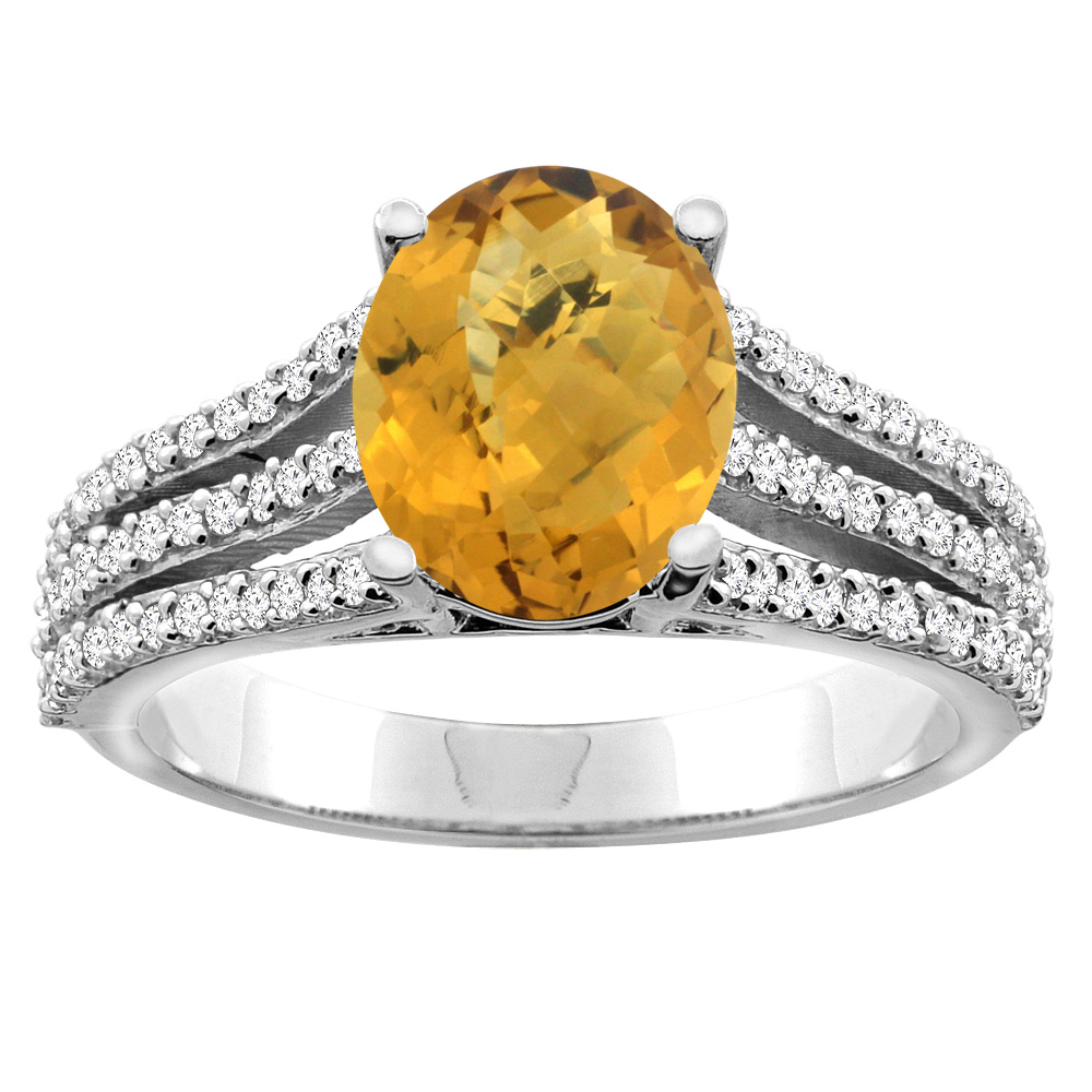 14K White/Yellow Gold Natural Whisky Quartz Tri-split Ring Oval 9x7mm Diamond Accents, sizes 5 - 10