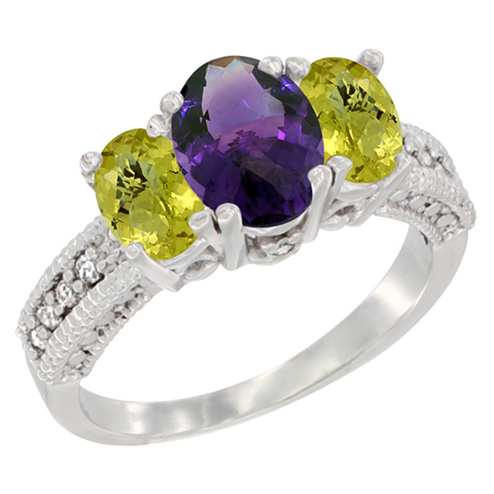 10K White Gold Diamond Natural Amethyst Ring Oval 3-stone with Lemon Quartz, sizes 5 - 10