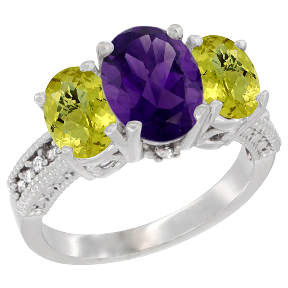 14K White Gold Diamond Natural Amethyst Ring 3-Stone Oval 8x6mm with Lemon Quartz, sizes5-10