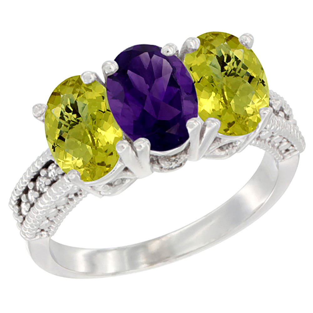 14K White Gold Natural Amethyst Ring with Lemon Quartz 3-Stone 7x5 mm Oval Diamond Accent, sizes 5 - 10