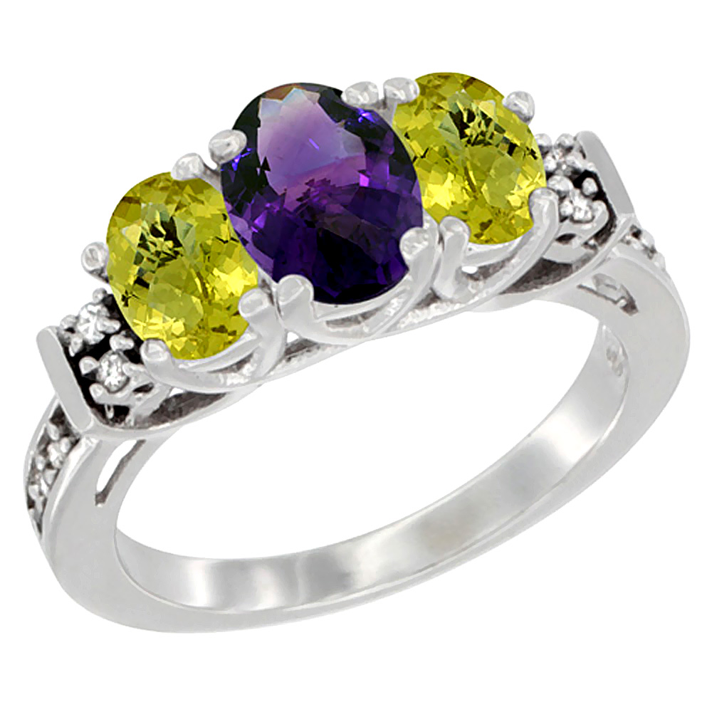 14K White Gold Natural Amethyst & Lemon Quartz Ring 3-Stone Oval Diamond Accent, sizes 5-10