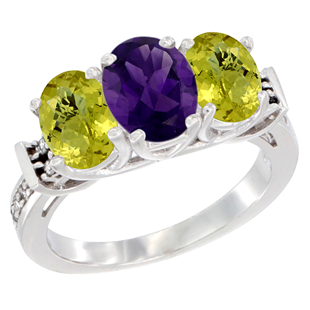 14K White Gold Natural Amethyst & Lemon Quartz Sides Ring 3-Stone Oval Diamond Accent, sizes 5 - 10