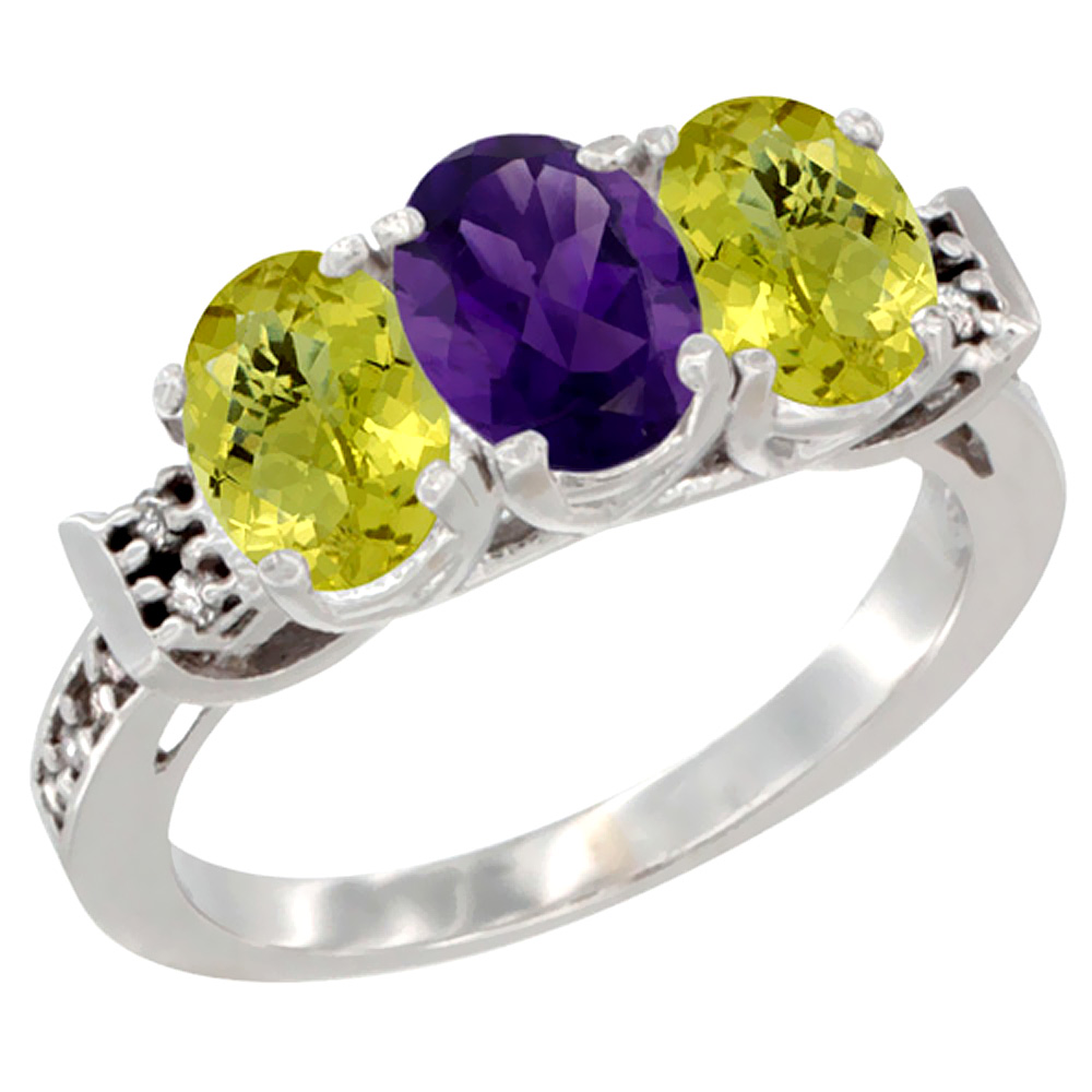 10K White Gold Natural Amethyst & Lemon Quartz Sides Ring 3-Stone Oval 7x5 mm Diamond Accent, sizes 5 - 10