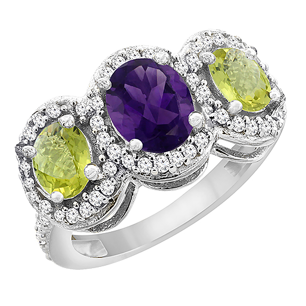 10K White Gold Natural Amethyst & Lemon Quartz 3-Stone Ring Oval Diamond Accent, sizes 5 - 10