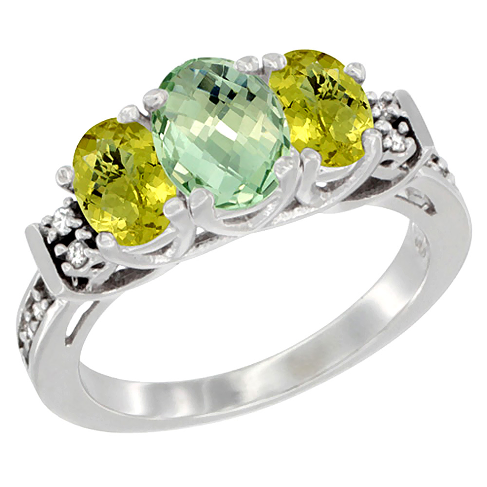 10K White Gold Natural Green Amethyst &amp; Lemon Quartz Ring 3-Stone Oval Diamond Accent, sizes 5-10